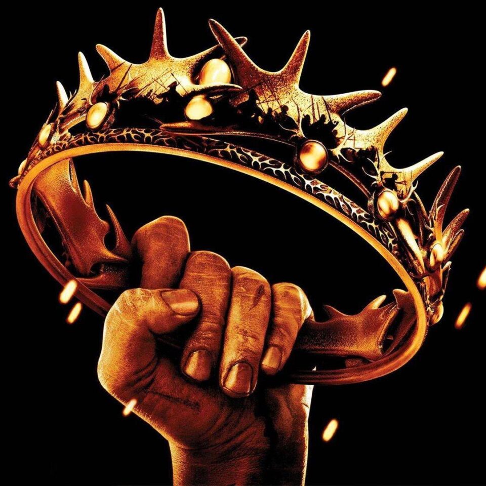 A painting of the hand holding the gold crown