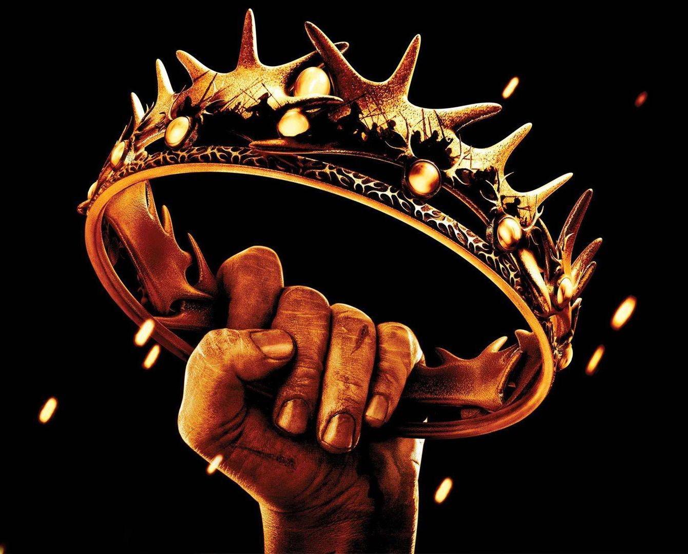 A painting of the hand holding the gold crown