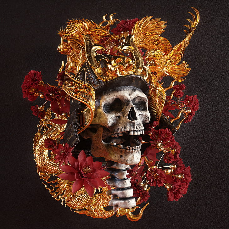 A picture of the dark religion death skull decorated with ornaments